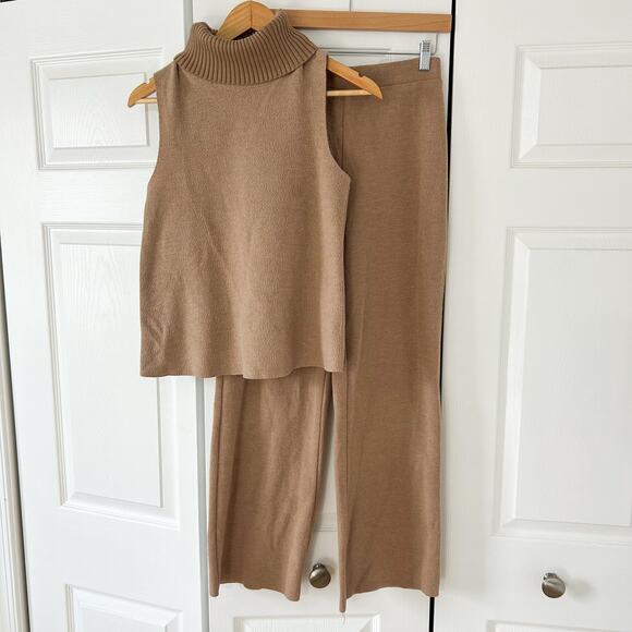 ZARA Tan Knit Sleeveless Turtleneck Lounge Set Two Piece Pants Outfit EUC S - Picture 2 of 13